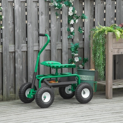 Silla de jardín giratoria de 360 ° ajustable en altura con plataforma de almacenamiento, ruedas, asa, taburete de jardín móvil giratorio, taburete de trabajo para jardín de hasta 150 kg, taburete de jardín de metal para trabajos de jardinería en verde