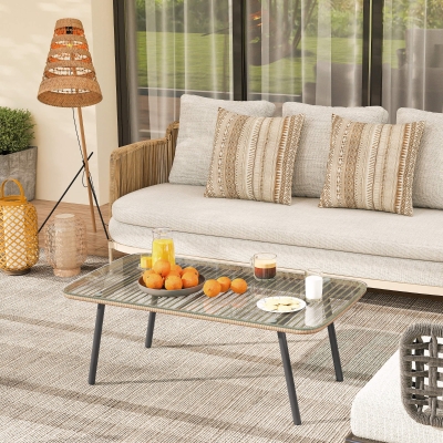 Outsunny Mesa de jardín con tablero de vidrio templado 5 mm, mesa auxiliar para exterior, estructura de acero, efecto madera natural