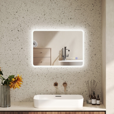 HOMCOM Espejo de baño LED Bluetooth 50 x 70 cm interruptor táctil luz ajustable 3 colores anti-niebla memoria plateado