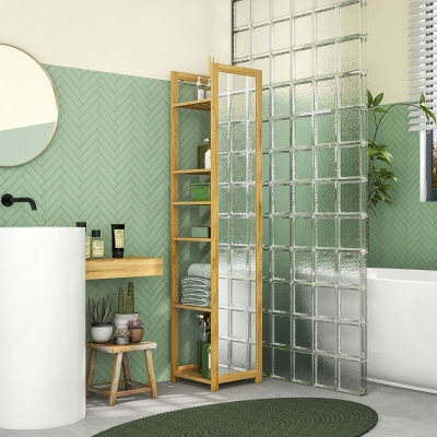 HOMCOM Mueble columna de baño de 6 niveles en bambú con espejo, 6 estantes, natural, 35L x 35W x 168H cm