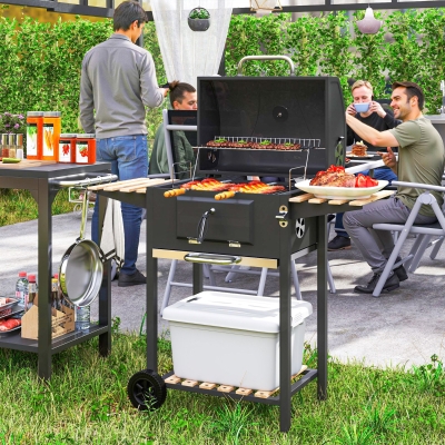 Outsunny Barbacoa de carbón regulable en altura con parrilla, tapa, termómetro, estantes, ruedas y abridor de botellas, negro