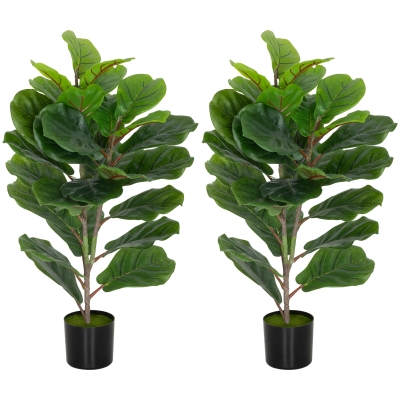 HOMCOM Set mit 2 künstlichen Innenpflanzen 80 cm Ficus-Baum künstlich mit Kunststofftopf und Flocken grün