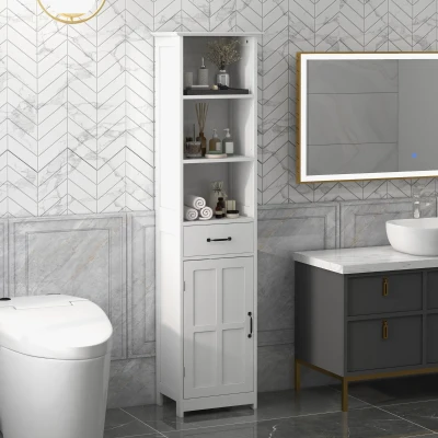 kleankin Mueble de baño columna con 3 compartimentos abiertos, cajón y estante ajustable, 40x30x164 cm, Blanco