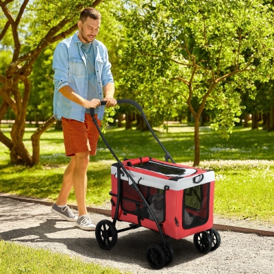 PawHut Carriola plegable para perros y gatos, cuna desmontable, bandoleras, 4 ruedas, 81x58x97,5 cm, Rojo