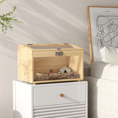 PawHut Jaula para hámsteres de madera, jaula para ratones con tapa abatible, ventana de acrílico 55x35x35 cm, efecto madera natural