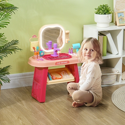 AIYAPLAY Mesa de Tocador para Niños 23 PCS, Mesa de Maquillaje con Espejo, Luz LED y Música, para Niños de 3 a 6 años, rosa