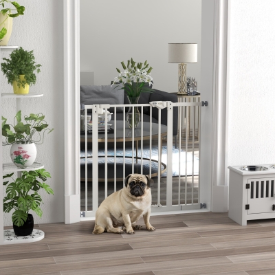 PawHut Barrera de seguridad para mascotas puerta de cierre automático sistema de doble bloqueo sin perforación 1 extensión Blanco