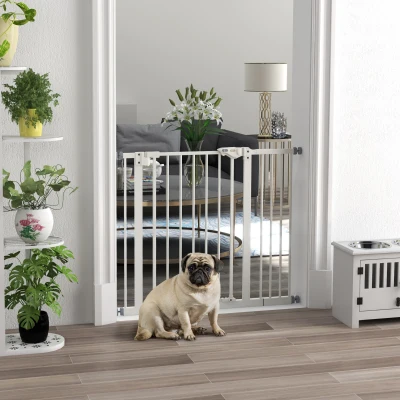 PawHut Barrera de seguridad para mascotas puerta de cierre automático sistema de doble bloqueo sin perforación 1 extensión Blanco
