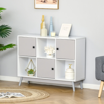 HOMCOM Bufé, mueble de almacenamiento con 3 puertas y 3 compartimentos abiertos, patas de madera de pino, 96x30x75cm, blanco y gris
