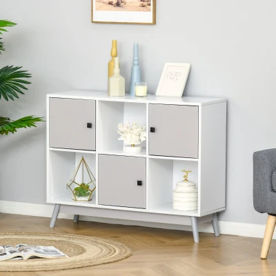 HOMCOM Bufé, mueble de almacenamiento con 3 puertas y 3 compartimentos abiertos, patas de madera de pino, 96x30x75cm, blanco y gris