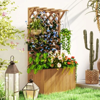 Outsunny Huerto elevado con caja de plantación y enrejado, macetero de madera, enrejado para jardín 64x33x122 cm Madera Natural