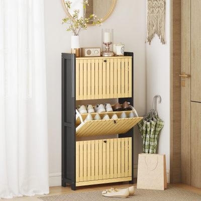 HOMCOM Mueble de Zapatos 18 pares con 3 cajones abatibles, puertas de bambú con lamas, 60x24x118cm, negro y madera natural