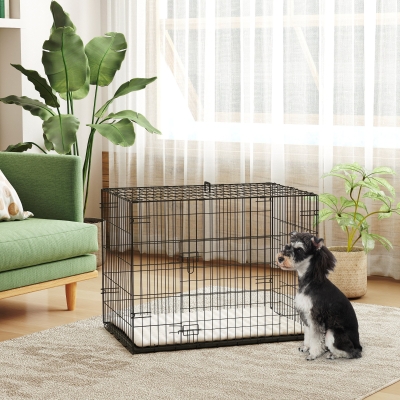 PawHut Jaula para perros jaula de transporte para perros plegable con 2 puertas bandeja extraíble cojín lavable 76 x 53 x 60 cm negro