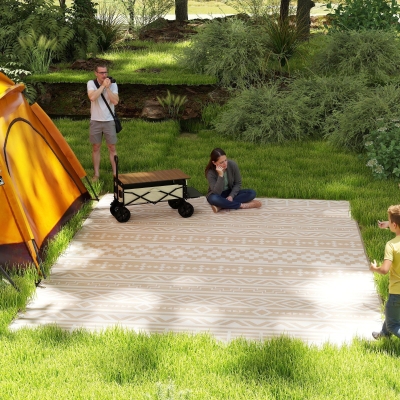Outsunny Alfombra de exterior reversible 3,7x2,7 m, alfombra de suelo diseño geométrico en PP bolsa de transporte caqui y beige claro