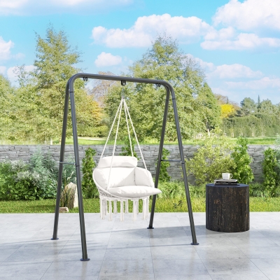 Outsunny Silla colgante con gran cojín relleno hamaca sillón colgante con flecos kit de suspensión 80 x 60 x 40 cm crema