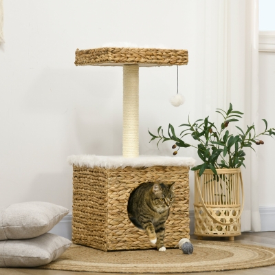 PawHut Árbol para gatos de 2 niveles con 1 casita, 1 poste de sisal, 1 plataforma observadora y 1 pompón colgante, mimbre