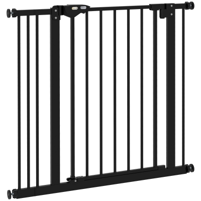 PawHut Puerta de Seguridad para Perros, Barrera Protectora, Barrera para Mascotas, Metal, Plástico, 74-87 cm, Negro