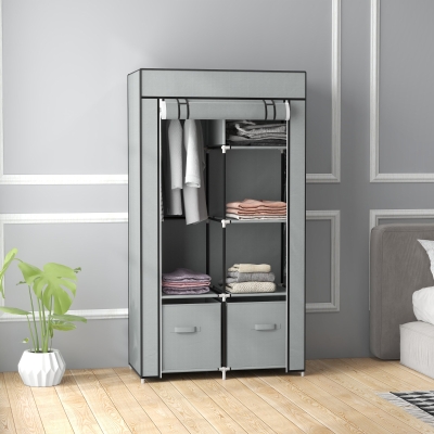 HOMCOM Armario de Tela con 1 Barra para Colgar, 2 Cajones, 83 x 42.5 x 162,5 cm, Gris