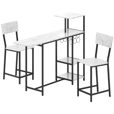 HOMCOM Conjunto de mesa de bar con taburetes, abatible, casilleros para vino, portavasos, estantes y reposapiés, blanco