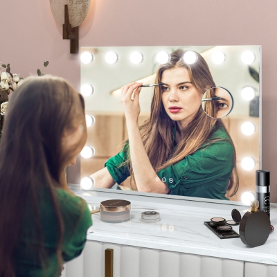 HOMCOM Espejo de Maquillaje LED, 3 modos de luz, regulable, control táctil, USB, 58x48cm, Blanco
