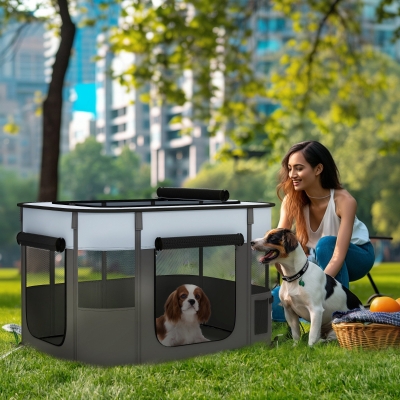 PawHut Parque recinto plegable para perro gato animales pequeños en tela Oxford con almacenamiento 94 x 74 x 60 cm gris y negro