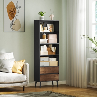 HOMCOM Mueble de almacenamiento con 4 compartimentos abiertos y 2 cajones, 60x30x179 cm, Gris