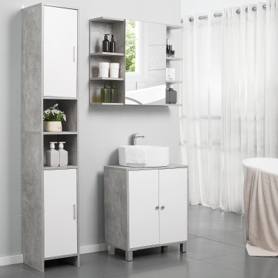 kleankin Mueble Columna Almacenamiento Baño dimensiones 30L x 30A x 180H cm 2 armarios con estante + 2 nichos Paneles Partículas Efecto Cemento Blanco