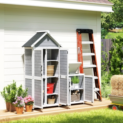 Outsunny Cobertizo de jardín y armario de almacenaje en madera con techo inclinado de asfalto, estantes y puertas con cerradura, gris