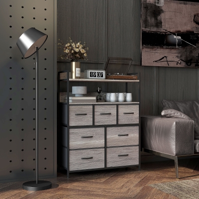 HOMCOM Cómoda de almacenamiento con 7 cajones de tela plegables y extraíbles estantes abiertos, Gris
