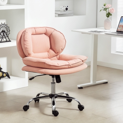 HOMCOM Silla de Oficina Piernas Cruzadas con Asiento Ancho Ruedas Altura Ajustable Doble Acolchado Función Basculante Rosa