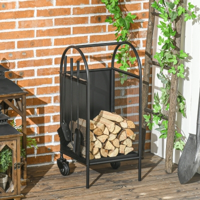 Outsunny Soporte de leña con ruedas y accesorios pala, escobillón y atizador 37,5x37,5x80 cm Negro