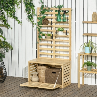 Outsunny Caja de Almacenamiento con Enrejado, 4 Estantes Colgantes, Puerta Magnética, Madera Maciza, Natural, 80 x 45 x 160 cm