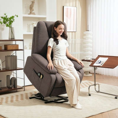 HOMCOM Sillón reclinable eléctrico elevador con reposapiés y control remoto, tela de poliéster con aspecto lino marrón