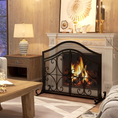 HOMCOM Protector de Chimenea Panel Único de Malla de Acero 105x40x80,5 cm Negro