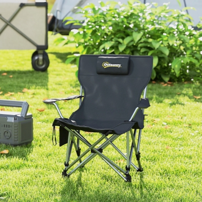 Outsunny Silla de camping plegable sillón de pesca con reposapiés extraíble, apoyacabezas, portavasos, saco de transporte negro
