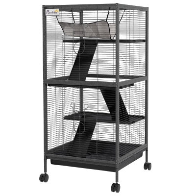 PawHut Cage 3 Niveaux Acier Gris avec Roues et Plateau Amovible