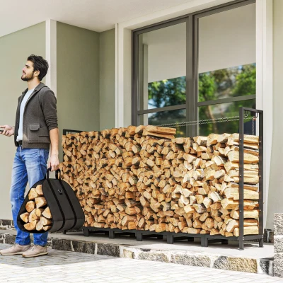 Outsunny Leñera de 0.8m³ Ajustable con Tela Impermeable y Cadenas de Acero, 235x31x116 cm, Negro