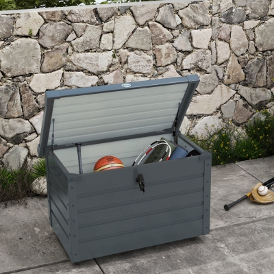Outsunny Caja de almacenamiento de jardín al aire libre, caja de cojines, resistente a la intemperie, 4 ruedas, 100x62x65 cm, Gris