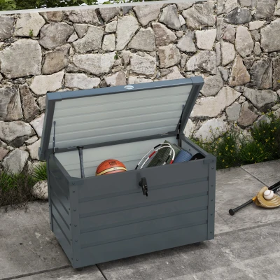 Outsunny Caja de almacenamiento de jardín al aire libre, caja de cojines, resistente a la intemperie, 4 ruedas, 100x62x65 cm, Gris