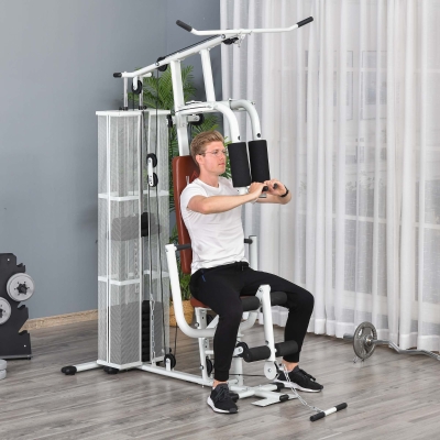 HOMCOM Estación de Fuerza Fitness con Polea de Lat Pull Down Barra de Mariposa 45kg de Pesas Cuerda Aparato de Fitness con Capacidad de hasta 120kg Multifunción Entrenamiento de Fuerza Multiestación Estación de Entrenamiento en Casa Blanco