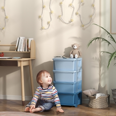HOMCOM Cajas de Almacenamiento para Niños, 4 cajones, bordes redondeados, diseño elevado, plástico, azul