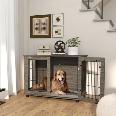 PawHut Jaula para perros 2 en 1 mesa auxiliar con cojín de peluche desmontable puerta con cerradura 100 x 60 x 73,5 cm gris