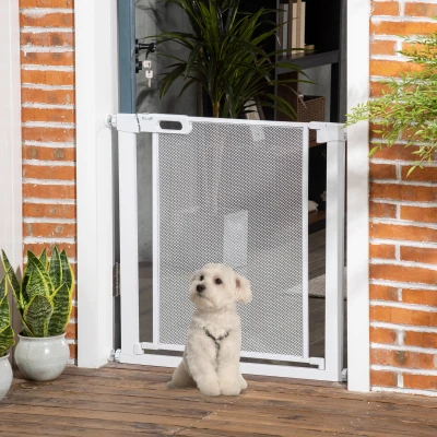 PawHut Barrera de seguridad para mascotas con cierre automático doble bloqueo ancho 75-82 cm Blanco