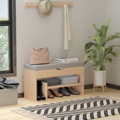 HOMCOM Mueble Zapatos Banco Zapatos 2 Niveles Almacenamiento, Niche + Baúl integrado con Cojín Beige Gris
