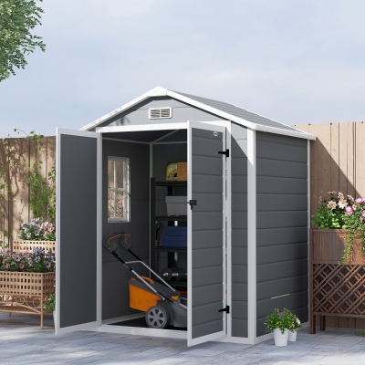 Outsunny Cobertizo de jardín cabanon en resina polipropileno 2,12 m² - 2 puertas 1 ventana y 1 rejilla de ventilación, techo inclinado, gris