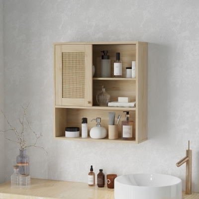 HOMCOM Armario de pared, mueble alto de baño con puerta corredera de ratán y estantes abiertos, madera natural