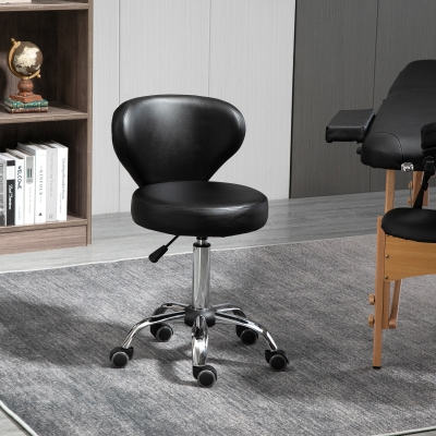 HOMCOM Taburete con ruedas taburete de masaje - taburete de trabajo giratorio 360° - asiento ajustable 49-64Al cm, respaldo ergonómico - metal cromado revestimiento sintético negro