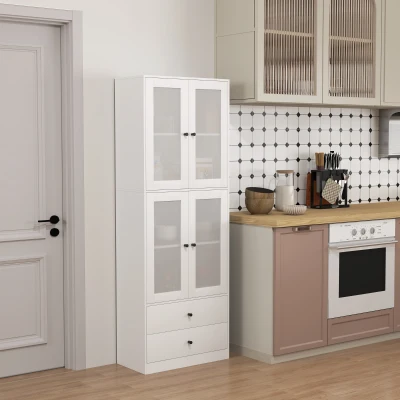 HOMCOM Armario de Cocina con Cajones y Puertas de Cristal, Superficie de Melamina, Blanco