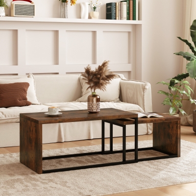HOMCOM Juego de Mesas de Centro de 2 Piezas, Mesa de Centro, Mesa Auxiliar, MDF, Metal, 90x48x42 cm / 59x42x36 cm, Negro+Marrón