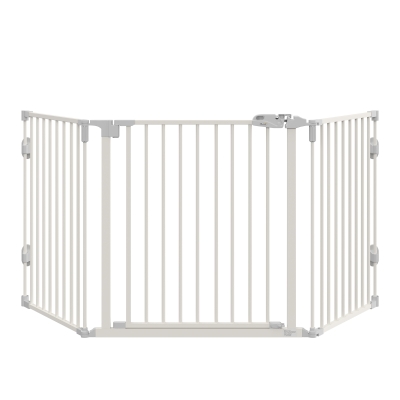PawHut Puerta de Seguridad para Perros Barrera Protectora para Mascotas Ajustable Plegable Reja con Puerta de Cierre Automático